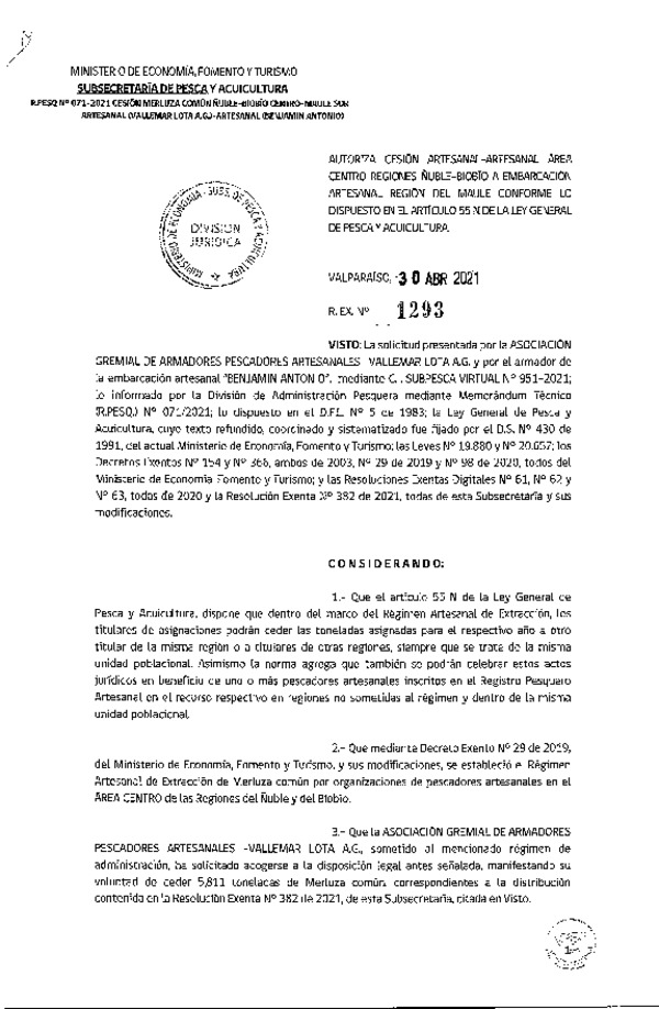 Res. Ex. N° 1293-2021 Autoriza Cesión Merluza común, Región Ñuble-Biobío a Región del Maule. (Publicado en Página Web 03-05-2021).
