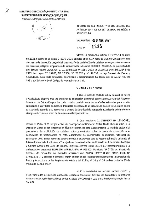 Res. Ex. N° 1295-2021 Informa lo que Indica para Los Efectos del Artículo 55 N de la LGPA. (Publicado en Página Web 03-05-2021).