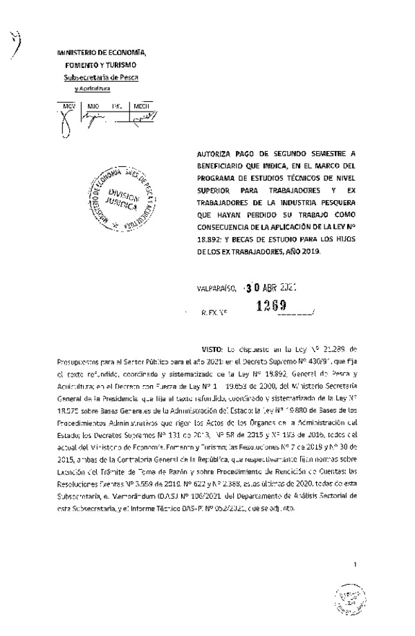 Res. Ex. N° 1269-2021 Autoriza pago a beneficiarios que se indican. (Publicado en Página Web 03-05-2021)