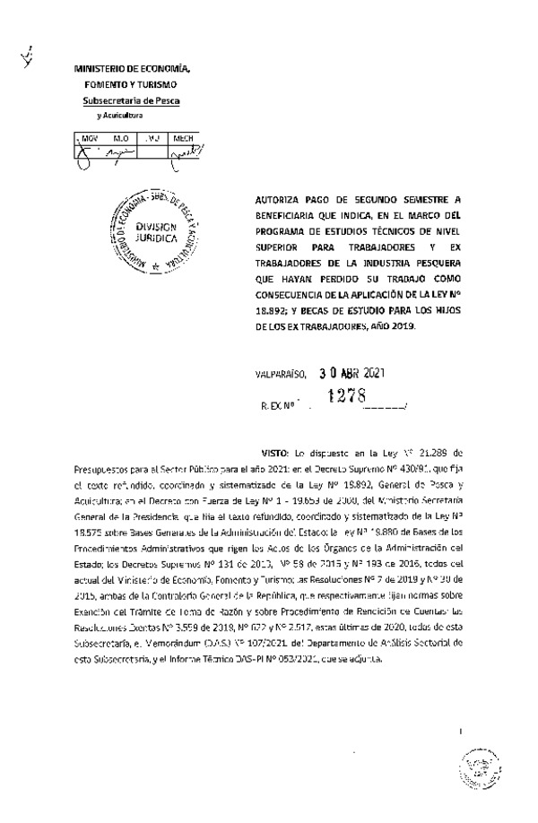 Res. Ex. N° 1278-2021 Autoriza pago a beneficiarios que se indican. (Publicado en Página Web 03-05-2021)