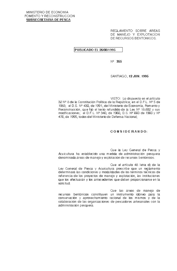 D.S. N° 355-1995 Reglamento sobre Áreas de Manejo y Explotación de Recursos Bentónicos. (Actualizado Abril 2010).
