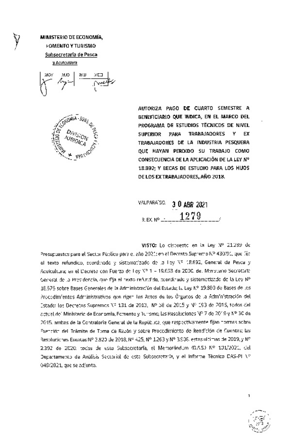 Res. Ex. N° 1279-2021 Autoriza pago a beneficiarios que se indican. (Publicado en Página Web 03-05-2021)