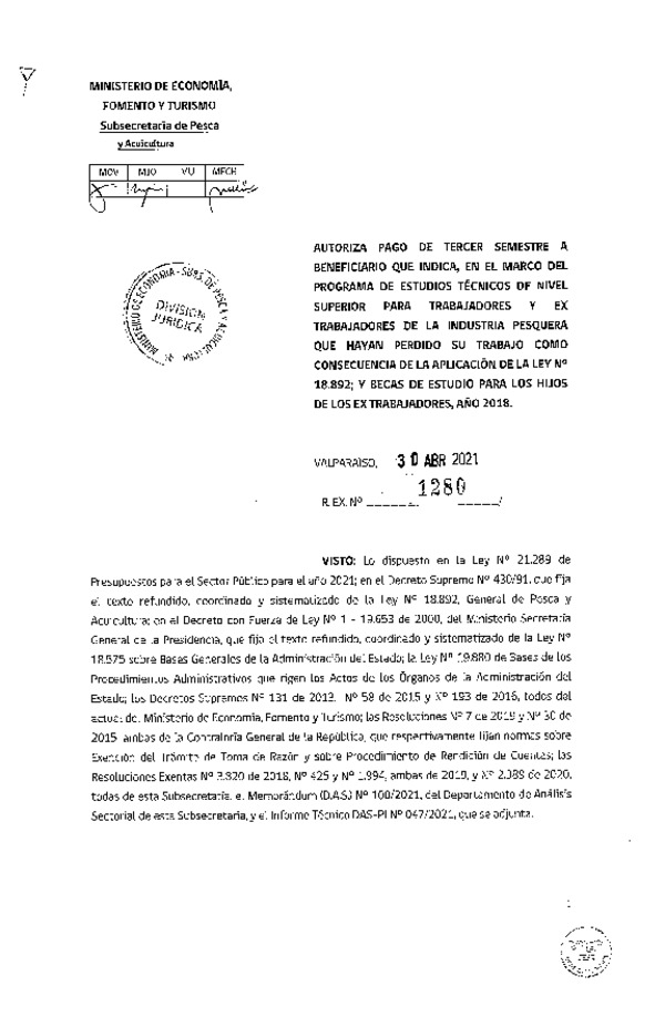 Res. Ex. N° 1280-2021 Autoriza pago a beneficiarios que se indican. (Publicado en Página Web 03-05-2021)