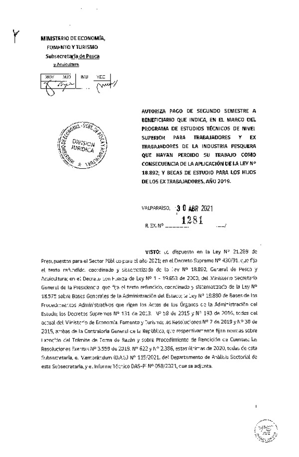 Res. Ex. N° 1281-2021 Autoriza pago a beneficiarios que se indican. (Publicado en Página Web 03-05-2021)