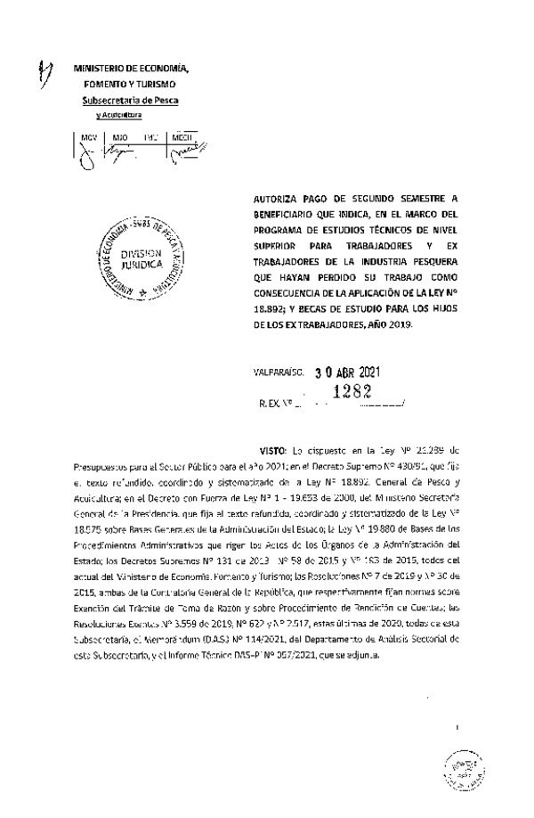 Res. Ex. N° 1282-2021 Autoriza pago a beneficiarios que se indican. (Publicado en Página Web 03-05-2021)