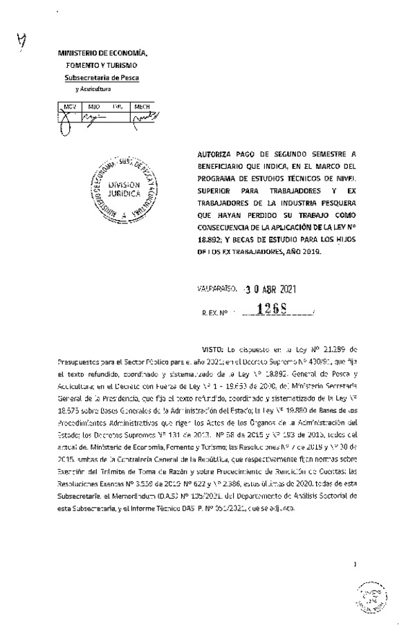 Res. Ex. N° 1268-2021 Autoriza pago a beneficiarios que se indican. (Publicado en Página Web 03-05-2021)