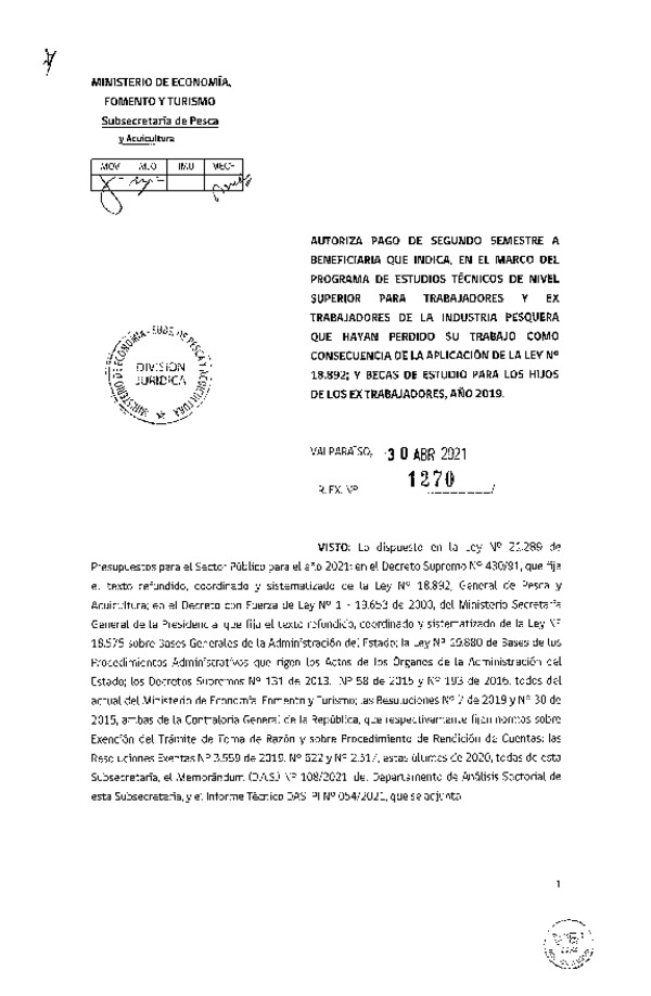 Res. Ex. N° 1270-2021 Autoriza pago a beneficiarios que se indican. (Publicado en Página Web 03-05-2021)