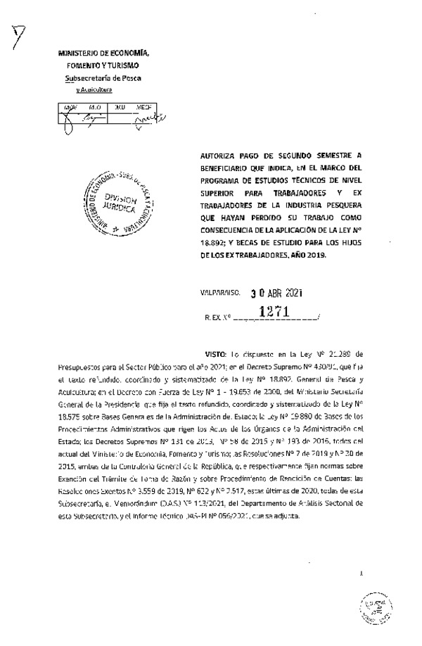 Res. Ex. N° 1271-2021 Autoriza pago a beneficiarios que se indican. (Publicado en Página Web 03-05-2021)