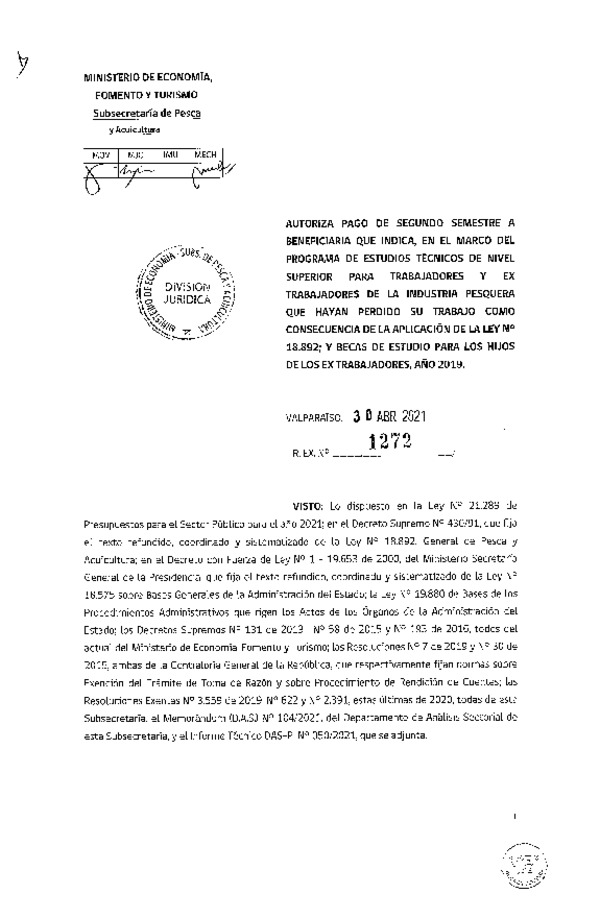 Res. Ex. N° 1272-2021 Autoriza pago a beneficiarios que se indican. (Publicado en Página Web 03-05-2021)