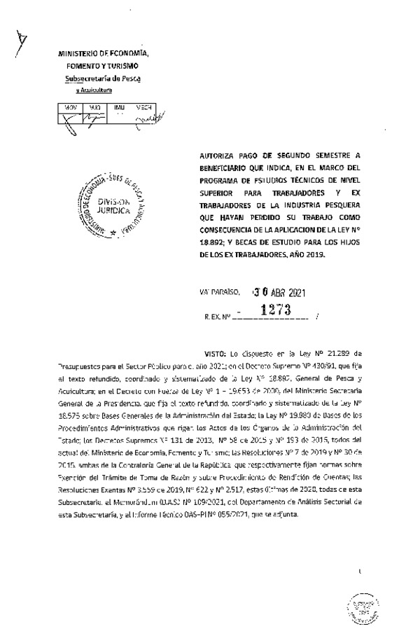 Res. Ex. N° 1273-2021 Autoriza pago a beneficiarios que se indican. (Publicado en Página Web 03-05-2021)