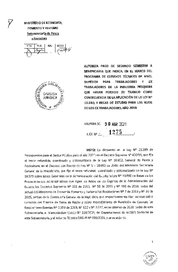 Res. Ex. N° 1275-2021 Autoriza pago a beneficiarios que se indican. (Publicado en Página Web 03-05-2021)