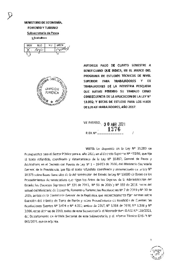 Res. Ex. N° 1276-2021 Autoriza pago a beneficiarios que se indican. (Publicado en Página Web 03-05-2021)