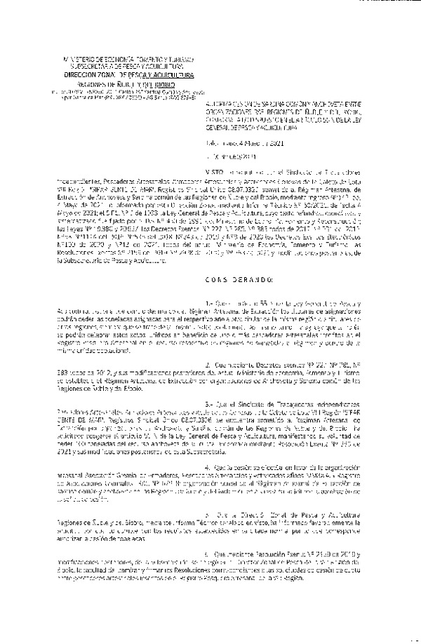 Res. Ex. N° 060-2021 (DZP Ñuble y del Biobío) Autoriza cesión Sardina Común y Anchoveta Región de Ñuble-Biobío (Publicado en Página Web 04-05-2021)