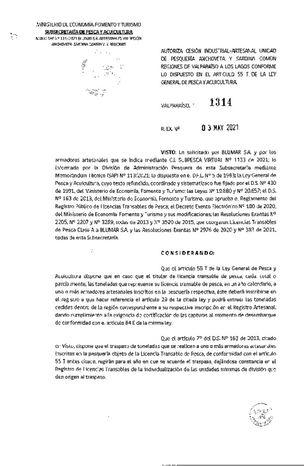 Res. Ex. N° 1314-2021 Autoriza Cesión Anchoveta y Sardina común, Regiones de Valparaíso a Los Lagos. (Publicado en Página Web 04-05-2021)