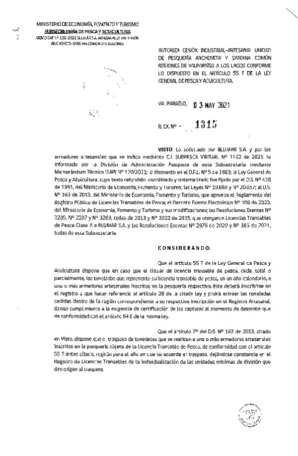 Res. Ex. N° 1315-2021 Autoriza Cesión Anchoveta y Sardina común, Regiones de Valparaíso a Los Lagos. (Publicado en Página Web 04-05-2021)