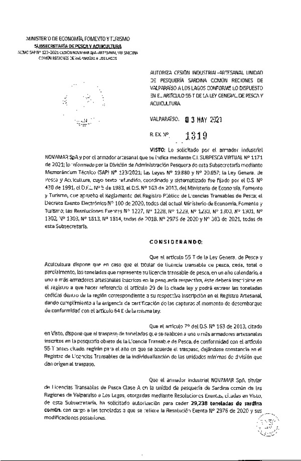 Res. Ex. N° 1319-2021 Autoriza Cesión Anchoveta y Sardina común, Regiones de Valparaíso a Los Lagos. (Publicado en Página Web 04-05-2021)
