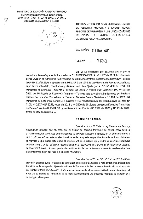 Res. Ex. N° 1321-2021 Autoriza Cesión Anchoveta y Sardina común, Regiones de Valparaíso a Los Lagos. (Publicado en Página Web 04-05-2021)