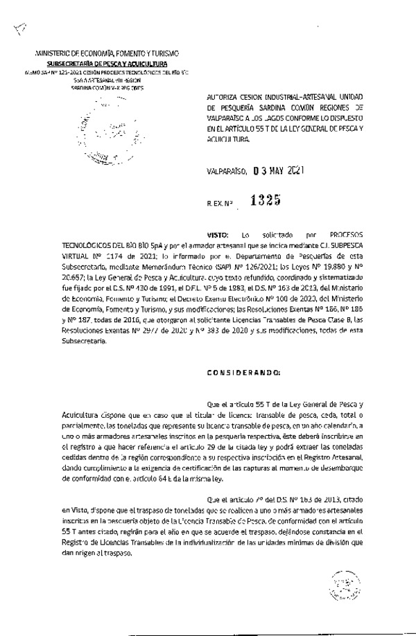 Res. Ex. N° 1325-2021 Autoriza Cesión Anchoveta y Sardina común, Regiones de Valparaíso a Los Lagos. (Publicado en Página Web 04-05-2021)