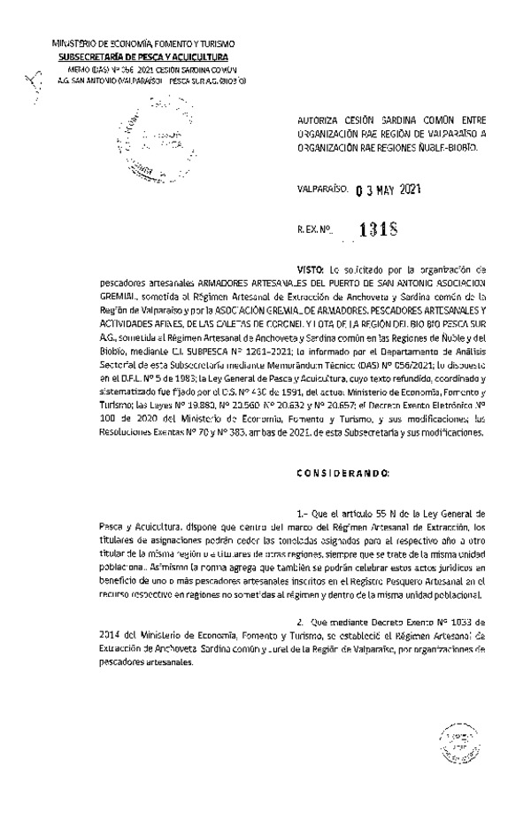 Res. Ex. N° 1318-2021 Autoriza cesión de Sardina Común Región Valparaíso a Ñuble- Biobío. (Publicado en Página Web 04-05-2021)