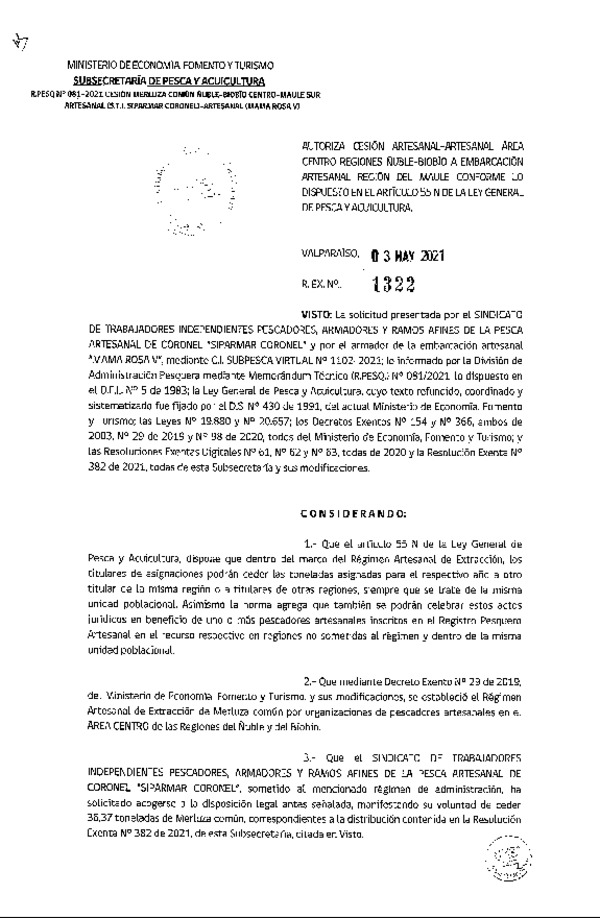 Res. Ex. N° 1322-2021 Autoriza cesión de Merluza Común Región de Ñuble- Biobío a Maule. (Publicado en Página Web 04-05-2021)