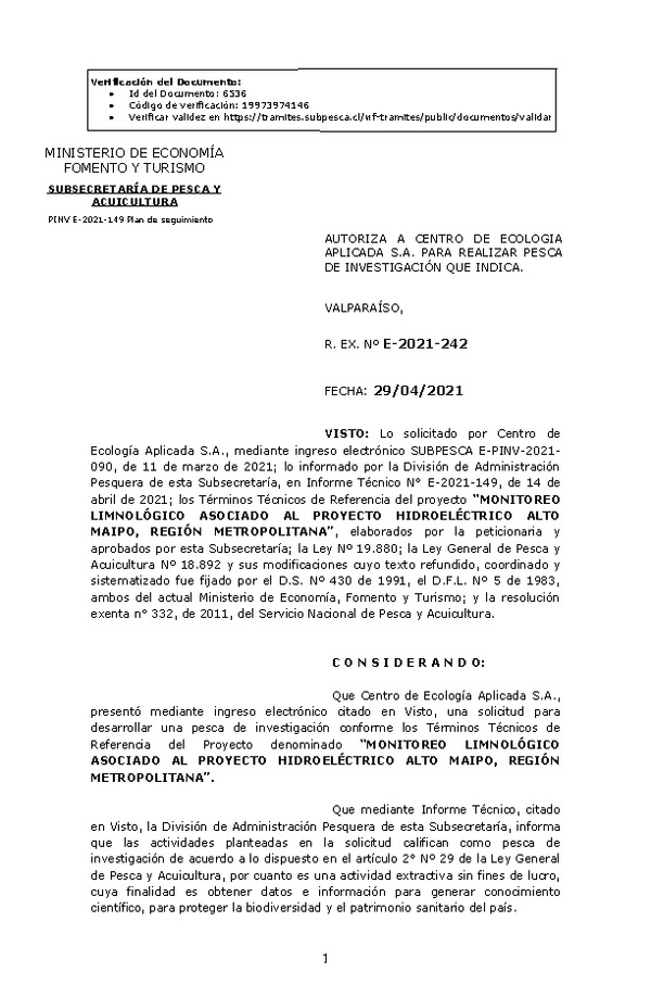 R. EX. Nº E-2021-242 MONITOREO LIMNOLÓGICO ASOCIADO AL PROYECTO HIDROELÉCTRICO ALTO MAIPO, REGIÓN METROPOLITANA. (Publicado en Página Web 04-05-2021)