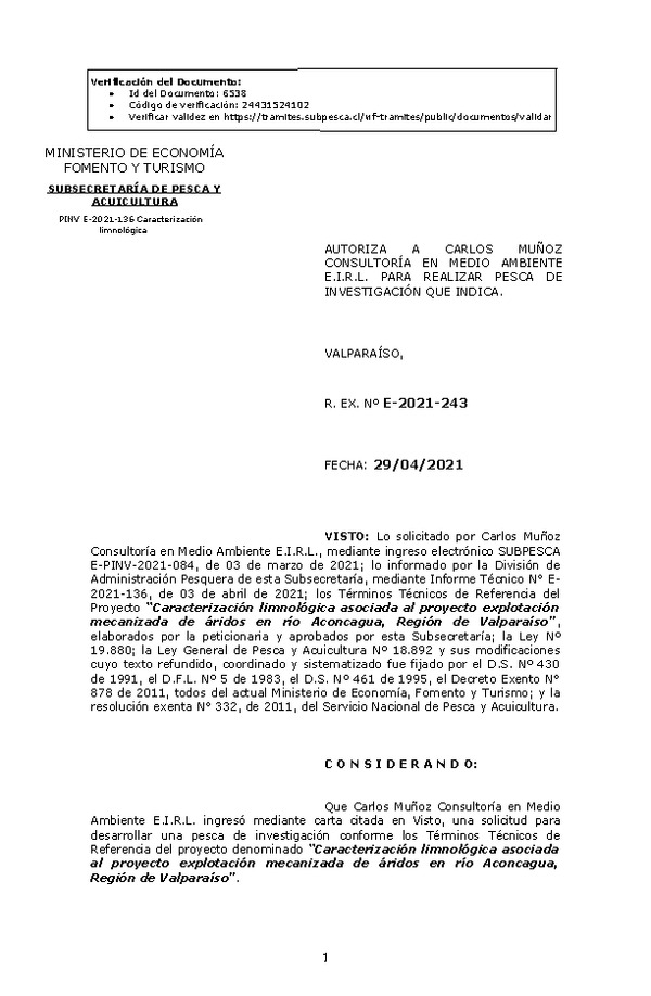 R. EX. Nº E-2021-243 Caracterización limnológica asociada al proyecto explotación mecanizada de áridos en río Aconcagua, Región de Valparaíso. (Publicado en Página Web 04-05-2021)