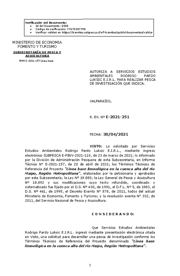 R. EX. Nº E-2021-251 Línea base limnológica en la cuenca alta del río Maipo, Región Metropolitana. (Publicado en Página Web 04-05-2021)