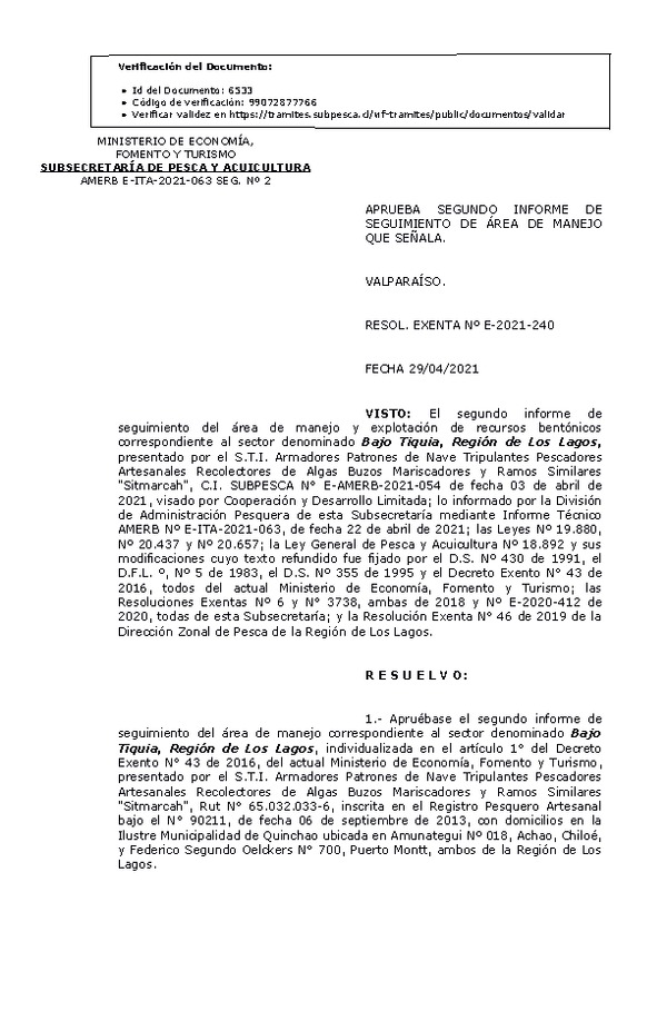 RESOL. EXENTA Nº E-2021-240  Aprueba 4° Seguimiento. (Publicado en Página Web 04-05-2021)