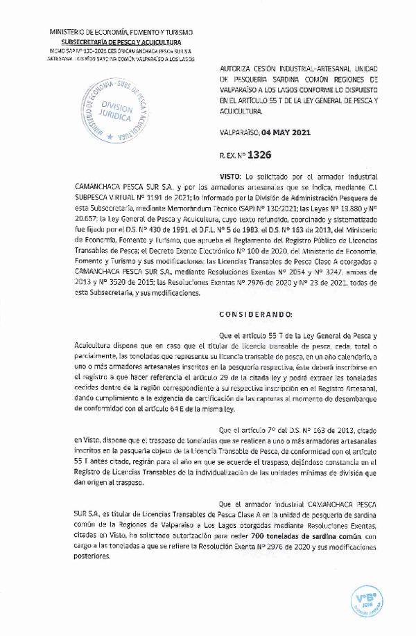 Res. Ex. N° 1326-2021 Autoriza Cesión Anchoveta y Sardina común, Regiones de Valparaíso a Los Lagos. (Publicado en Página Web 04-05-2021)
