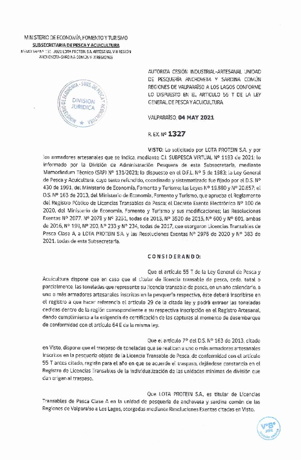 Res. Ex. N° 1327-2021 Autoriza Cesión Anchoveta y Sardina común, Regiones de Valparaíso a Los Lagos. (Publicado en Página Web 04-05-2021)