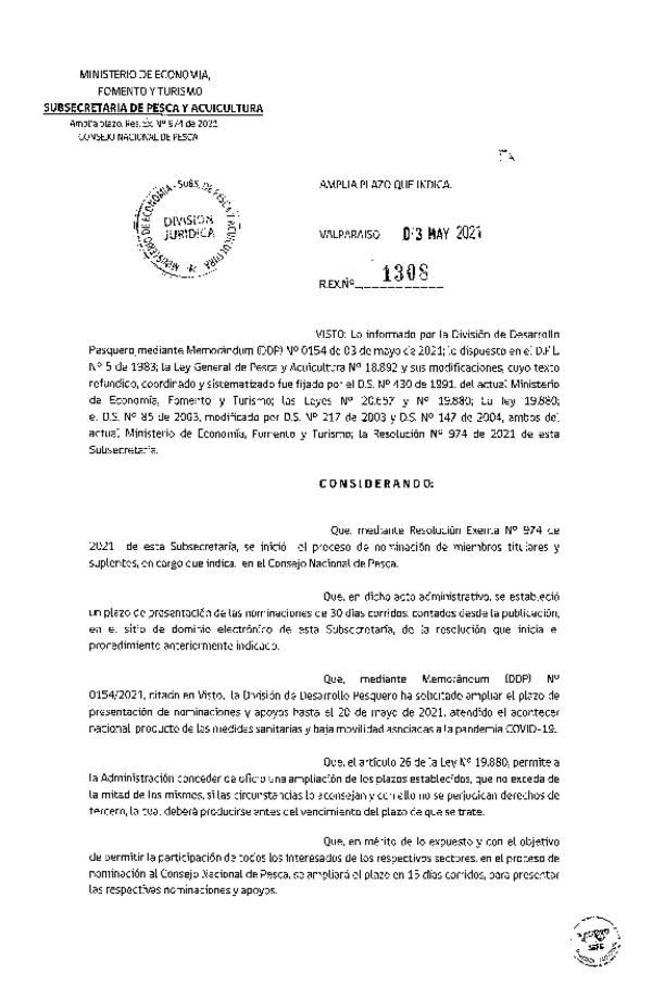 Res. Ex. N° 1308-2021 Amplía Plazo Res. Ex. N° 974-2021 Inicia Proceso de Nominación de los Miembros Titulares y Suplentes en el Consejo Nacional de Pesca en Cargos que se Indican. (Publicado en Página Web 04-05-2021)