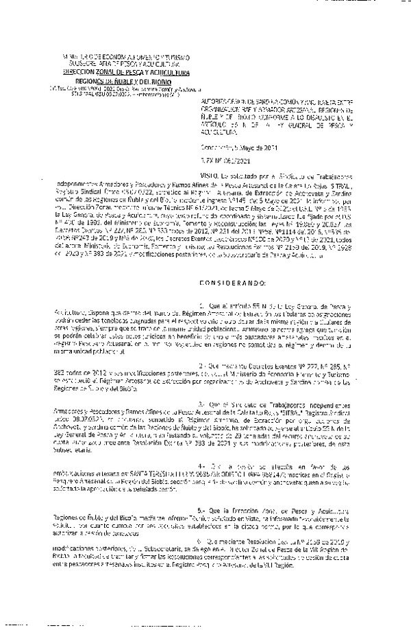 Res. Ex. N° 061-2021 (DZP Ñuble y del Biobío) Autoriza cesión Sardina Común y Anchoveta Región de Ñuble-Biobío (Publicado en Página Web 05-05-2021)