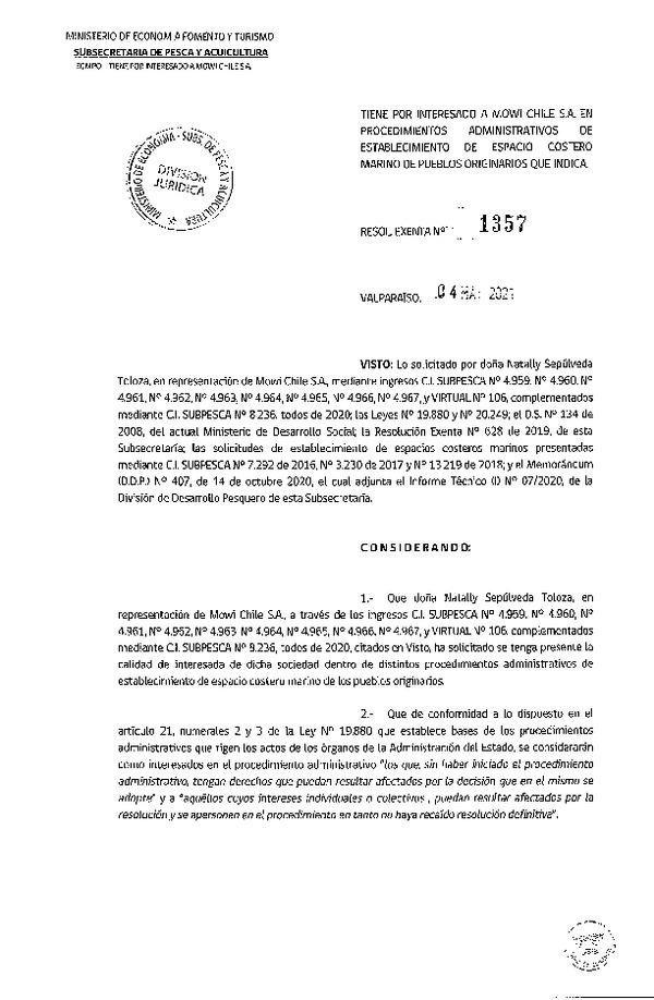 Res. Ex. N° 1357-2021 Tiene por interesado a Mowi Chile S.A. en procedimiento administrativo de establecimiento de ECMPO que se señala. (Publicado en Página Web 05-05-2021)