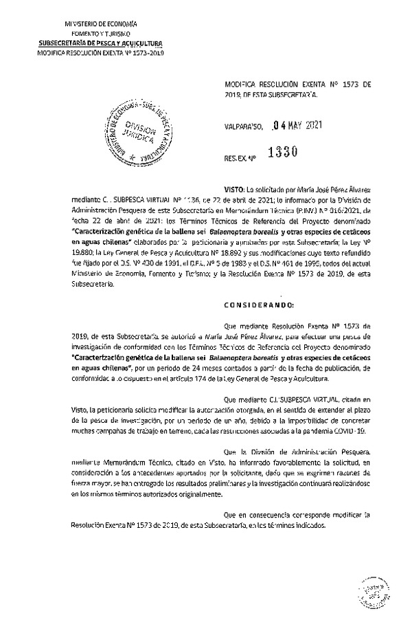 Res. Ex. N° 1330-2021 Modifica Res. Ex. N° 1573-2019 Caracterización genética de la ballena sei. (Publicado en Página Web 06-05-2021)