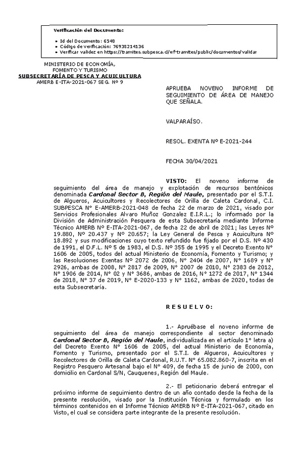 R. EX. Nº E-2021-244 Aprueba 9° Seguimiento. (Publicado en Página Web 06-05-2021)