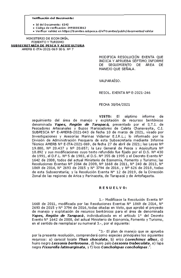 R. EX. Nº E-2021-246 Modifica Resolución que Indica. Aprueba 7° Seguimiento. (Publicado en Página Web 06-05-2021)