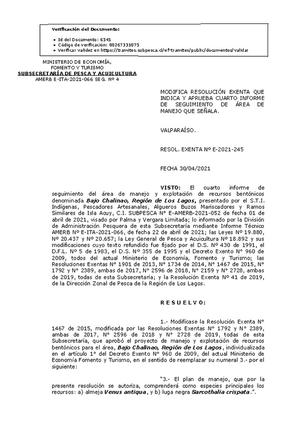 R. EX. Nº E-2021-245 Modifica Resolución que Indica. Aprueba 4° Seguimiento. (Publicado en Página Web 06-05-2021)