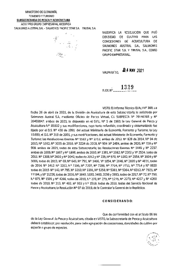 Res. Ex. N° 1329-2021 Modifica Res. Ex. 159-2021 Fija densidad de cultivo para concesiones de acuicultura de titularidades que Indica. (Con Informe Técnico) (Publicado en Página Web 06-05-2021)