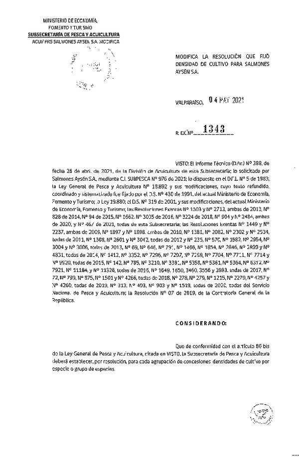 Res. Ex. N° 1343-2021 Modifica Res. Ex N° 467-2021 Fija densidad de cultivo para las concesiones de acuicultura de Salmones Aysén S.A. (Con Informe Técnico) (Publicado en Página Web 06-05-2021).