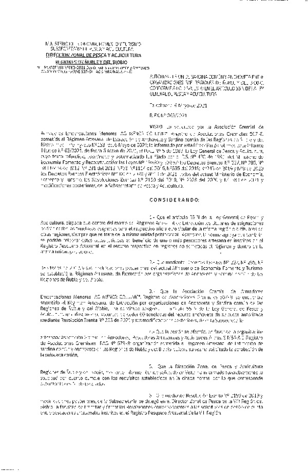 Res. Ex. N° 063-2021 (DZP Ñuble y del Biobío) Autoriza cesión Sardina Común y Anchoveta Región de Ñuble-Biobío (Publicado en Página Web 06-05-2021)