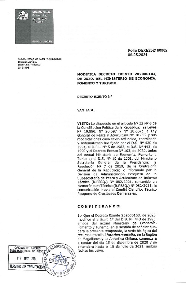 Dec. Ex. Folio 202100062 que Modifica Dec. Ex. Folio 202000103 que Modifica D.S. N° 443-1990 Veda Biológica Recurso Centolla, Región de Magallanes y La Antártica Chilena. (Publicado en Página Web 10-05-2021)