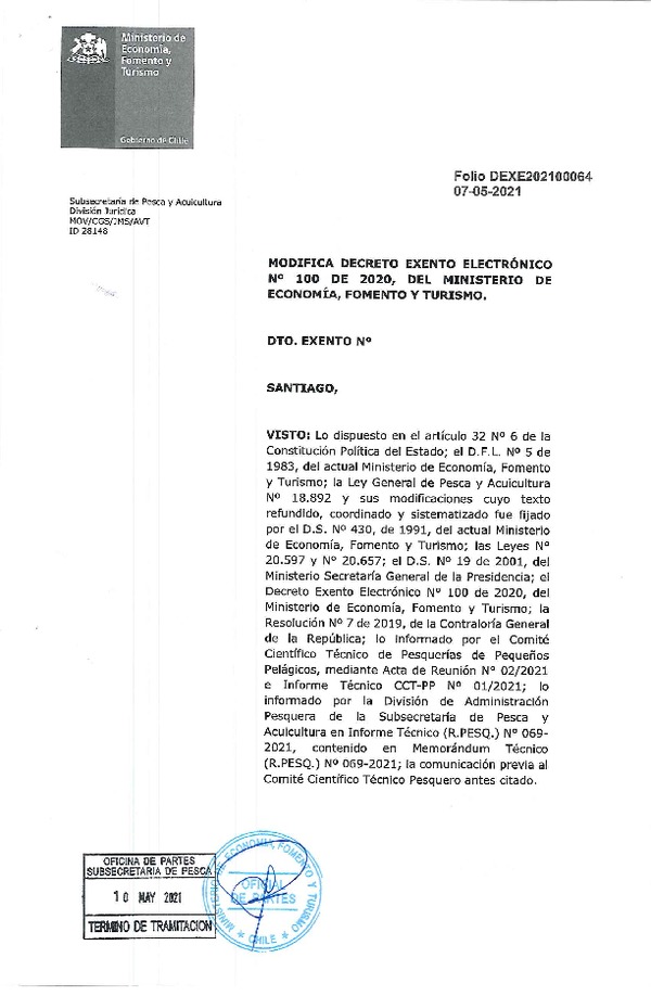 Dec. Ex. Folio 202100064 Modifica Dec. Ex. Folio 202000100 Establece Cuotas Anuales de Captura de Unidades de Pesquería de recursos Pelágicos Pequeños que Indica Sometidas a Licencias Transables de Pesca, año 2021. (Publicado en Página Web 10-05-2021)