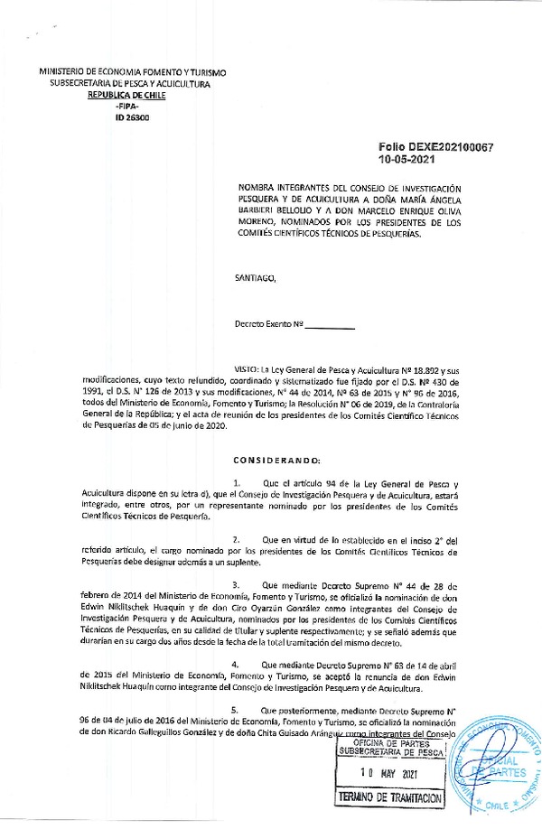 Dec. Ex. Folio 202100067 Nombra Integrantes del Consejo de Investigación Pesquera y de Acuicultura que Señala. (Publicado en Página Web 10-05-2021)