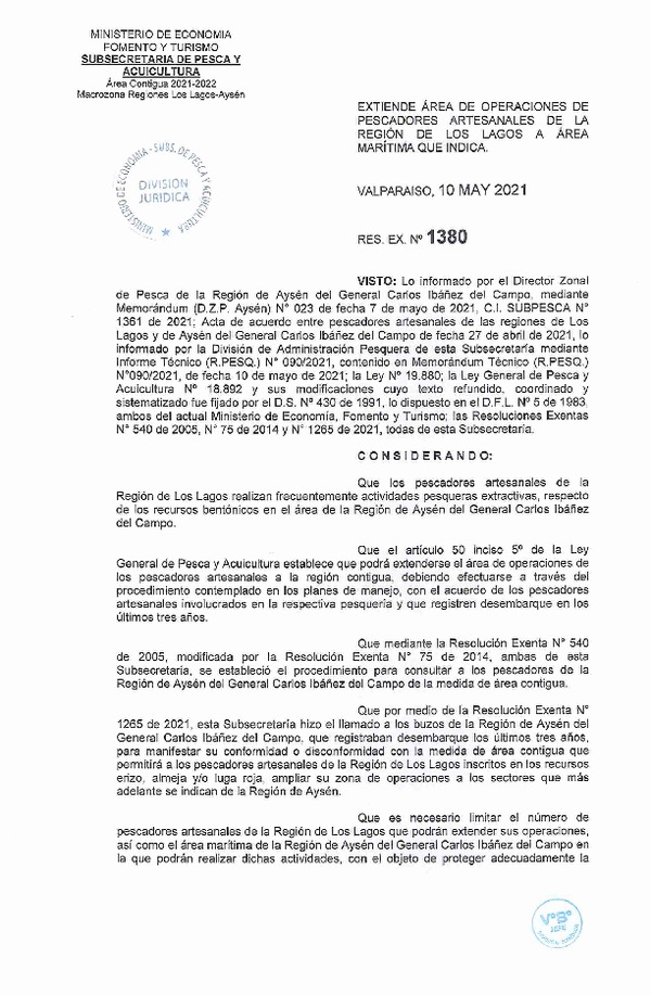 Res. Ex N° 1380-2021 Extiende Área de Operaciones de Pescadores Artesanales de la Región de Los Lagos a Área que Indica. (Publicado en Página Web 10-05-2021)