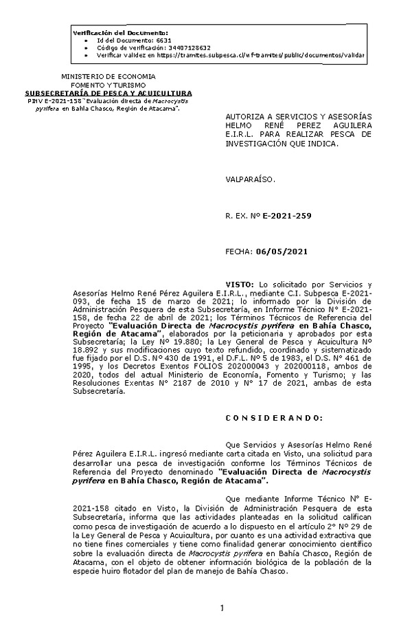 R. EX. Nº E-2021-259 Evaluación Directa de Macrocystis pyrifera en Bahía Chasco, Región de Atacama. (Publicado en Página Web 11-05-2021).
