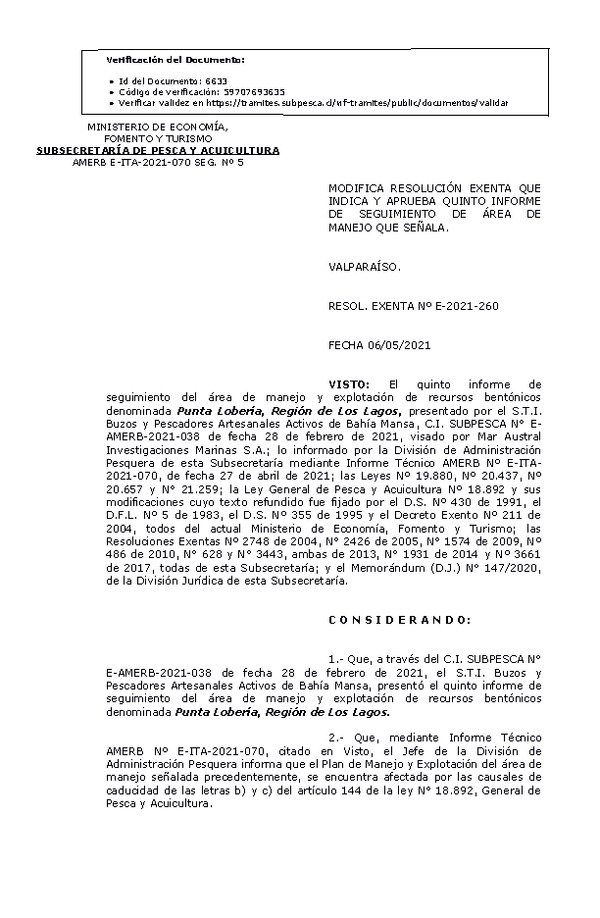 RESOL. EXENTA Nº E-2021-260 Modifica resolución que indica. Aprueba 5° seguimiento. (Publicado en Página Web 11-05-2021).