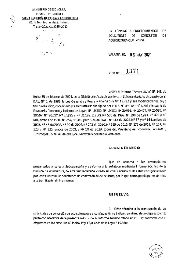 Res. Ex. N° 1371-2021 Da término a procedimientos de solicitudes de concesión de acuicultura que indica.