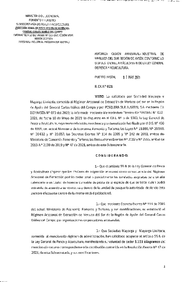 Res. Ex. N° 021-2021 (DZP Región de Aysén) Autoriza cesión Merluza del Sur. (Publicado en Página Web 12-05-2021)