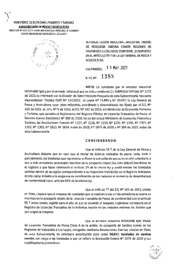 Res. Ex. N° 1388-2021 Autoriza Cesión Anchoveta y Sardina común, Regiones de Valparaíso a Los Lagos. (Publicado en Página Web 12-05-2021)