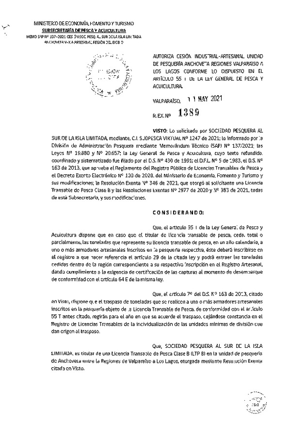 Res. Ex. N° 1389-2021 Autoriza Cesión Anchoveta y Sardina común, Regiones de Valparaíso a Los Lagos. (Publicado en Página Web 12-05-2021)